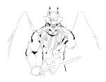 2024 abs aliasing anthro back_wings binary_drawing black_and_white canid clothing digital_drawing_(artwork) digital_media_(artwork) eye_scar facial_scar front_view fur grey_background half-length_portrait holding_melee_weapon holding_object holding_sword holding_weapon homestuck jack_noir kingarthur_i line_art looking_at_viewer male mammal melee_weapon missing_arm monochrome mouth_closed ms_paint_adventures muscular muscular_anthro muscular_male pointy_ears portrait scar simple_background snout solo spread_wings sword topwear torn_clothing torn_topwear weapon wings