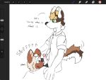 4:3 5_fingers anthro ball_sniffing balls biped black_clothing black_underwear blonde_hair brown_body brown_fur bulge bulge_in_face burritortilla canid canine canis clothed clothing dialogue domestic_cat domestic_dog duo english_text felid feline felis fingers fur genitals glans green_eyes hair half-closed_eyes hi_res holding_head humanoid_genitalia humanoid_penis male male/male male_anthro mammal milo_kim moan narrowed_eyes open_mouth penis penis_sniffing purple_eyes richard_lim shirt sitting sniffing sound_effects tail tail_motion tailwag tan_body tan_fur text topwear underwear white_clothing white_shirt white_topwear