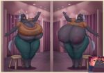 absurd_res ahmoua_(blarf) anthro areola barely_contained belly big_breasts big_butt black_hair blarf blotchy_areola blush bovid bovine braided_hair breasts bursting_out_of_clothing butt cattle cleavage clothed clothing comic daughter_(lore) dress dressing dressing_up elderly fashion fashion_show female freckled_chest freckled_face freckles furniture glistening_eyelids grey_body hair hi_res hooves horn huge_breasts human hyper hyper_breasts lakota_(blarf) liver_spots looking_down male mall mammal mirror mirror_reflection mother_(lore) mother_and_child_(lore) mother_and_daughter_(lore) motion_lines navel nipple_dip nipples one_eye_closed overweight parent_(lore) parent_and_child_(lore) parent_and_daughter_(lore) pose posing_for_picture raised_head reflection shopping stool tagme tear_trough thick_thighs tight_clothing vein veiny_breasts wardrobe_malfunction white_hair wide_hips