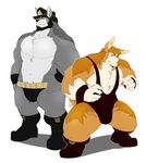  abs anthro biceps big_muscles boots bulge canine clothing dog duo flip_(kokuhane) fur hat husky jerome kokuhane lagomorph male mammal muscles pecs rabbit standing topless underwear wrestling_singlet 