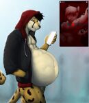 2018 after_vore anthro bottomless cheetah clothed clothing duo electronics felid feline hoodie male male/male mammal nolow_(character) pantherine phone photo snow_leopard texting topwear vore zyyph zyyphelze