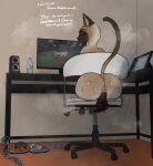4_toes absurd_res anus backsack balls big_butt bodily_fluids butt censored chair colored cr4vr0 desk dialogue digital_media_(artwork) domestic_cat drawing_tablet electronics ellipsis english_text exclamation_point eyes_closed feet felid feline felis feral furniture gaming genitals good_boy heat_(temperature) hi_res male male_feral mammal microsoft minecraft minecraft_sheep_fucker mojang monitor monster_energy mosaic_censorship on_chair pawpads pink_anus pubes sex_toy shaded siamese_cat sitting sitting_on_chair smelly smelly_butt solo sweat sweaty_butt table talking_feral talking_to_viewer text toes vibrator wand_vibrator xbox_game_studios
