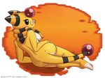  2014 ampharos anthro big_butt blush breasts butt clothing drako1997 eyewear female glasses looking_at_viewer looking_back lying nintendo nude on_back pok&eacute;mon scarf solo video_games yellow_body 