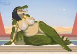 2026 anthro armlet bracelet breasts claws clothing crocodile crocodilian darkni_art digital_drawing_(artwork) digital_media_(artwork) egyptian egyptian_clothing egyptian_mythology female gold_(metal) gold_jewelry hair hi_res jewelry middle_eastern_mythology mythology overweight pinup pose reptile scales scalie sobek solo tail teeth