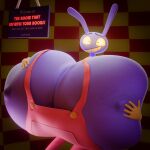 1:1 2026 3d_(artwork) anthro big_breasts black_eyebrows black_eyes breast_expansion breast_grab breast_squish breasts busty_boy_(lore) clothing colored digital_media_(artwork) english_text expansion eyebrows female glitch_productions gloves glowing glowing_eyes hand_on_breast hand_on_own_breast handwear hi_res holding_breast huge_breasts hyper hyper_breasts jax_(tadc) lagomorph leporid looking_at_viewer male_(lore) mammal nipples notsobretheren overalls portrait purple_body purple_ears purple_nipples rabbit red_clothing red_overalls shaded sign smile smiling_at_viewer solo squish teeth text the_amazing_digital_circus three-quarter_portrait three-quarter_view tight_clothing yellow_clothing yellow_gloves yellow_handwear yellow_sclera yellow_teeth