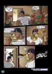 6_panel_comic angry anthro armor athletic black_eyes blonde_hair blood blue_hair bodily_fluids bottomwear breastplate brown_body brown_hair canid canine canis clenched_teeth clothed clothing cobby_(vju79) comic cougar dialogue door dragon dropping_weapon english_text felid feline green_body green_eyes group gun gunshot hair hi_res holding_gun holding_object holding_ranged_weapon holding_weapon inside male mammal melee_weapon multiple_scenes mythological_creature mythological_scalie mythology open_door orange_hair page_number pants pauldron ranged_weapon red_armor scalie shadow shirt silhouette speech_bubble surprise_attack surprised sweat sweatdrop sword tail tail_tuft teeth text thought_bubble topwear tuft url vest vju79 weapon white_clothing white_shirt white_topwear wingless_dragon wolf yelling zudrec_(vju79)