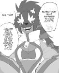 animal_humanoid armor bandai_namco bearcatmon big_zipper binturong_humanoid breasts cleavage clothed clothing crop_top dark_body dark_skin dialogue digimon digimon_beatbreak english_text female hair headgear helmet hi_res humanoid jacket long_hair mammal mammal_humanoid midriff monochrome oblivious open_clothing open_jacket open_mouth open_smile open_topwear phantom_phony reina_sakuya sharp_teeth shirt smile solo speech_bubble striped_hair surprised teeth text topwear unzipped viverrid viverrid_humanoid zipper