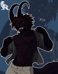 anthro artist_logo black_body black_hair bottomwear bovid caprine clothed clothing demon english_description fangs fur garoe_(rayth) hair horn logo male mammal muscular nipples omez open_mouth partially_clothed portrait sharp_teeth simple_background snout standing teeth three-quarter_portrait tongue topwear