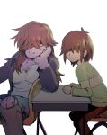 2018 absurd_res anthro bangs bottomwear brown_hair cartoon_freckles clothed clothing deltarune denim denim_bottomwear denim_clothing desk duo female freckled_face freckles furniture hair hair_over_eyes hi_res human jeans komarukoune kris_dreemurr male mammal pants purple_body reptile scalie school_desk simple_background susie_(deltarune) table torn_clothing undertale_(series) white_background