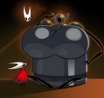 2025 armor arthropod bell big_breasts biped brass breasts cloak clothing dress duo female forge_daughter headgear helmet hi_res hollow_knight:_silksong hollow_knight_(franchise) hornet_(hollow_knight) huge_breasts hyper hyper_breasts inktober_2025 insect metal red_clothing red_dress sillyseacreatur simple_background sitting size_difference standing team_cherry where_is_chiikawa? wings