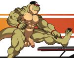 2025 abs anthro balls biceps body_hair calf_muscles chest_hair claws clothing countershade_face countershade_torso countershading darknaigart deltoids dinosaur foreskin genitals green_body hat hat_only headgear headgear_only headwear headwear_only hi_res humanoid_genitalia humanoid_penis jace_(darknaig) male mostly_nude muscular muscular_anthro muscular_male muscular_thighs navel nipples pecs penis prehistoric_species reptile saurischian scalie solo stretching stubble theropod trapezius tyrannosaurid tyrannosauroid tyrannosaurus tyrannosaurus_rex vein veiny_penis