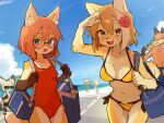 absurd_res anthro beach biped blonde_hair blue_eyes canid canine canis clothing detailed_background domestic_dog duo_focus eyewear female fox fur glasses group hair hi_res lilkon male mammal one-piece_swimsuit open_mouth orange_body orange_fur orange_hair outside red_one-piece_swimsuit rin_(lilkon) swimwear tan_body tan_fur two-piece_swimsuit yellow_body yellow_eyes yellow_fur yumi_(lilkon)