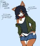 2024 anthro birthday bottomwear brown_body brown_eyes brown_fur bulge canid canine canis clothing collar dialogue domestic_dog ear_tuft english_text femboy fur hair hair_over_eye hotpants inviting jacket long_hair male mammal probablyavv profanity shirt shorts simple_background skodai_(skodaithedog) skodaithedog solo text thick_thighs thong topwear trans_(lore) tuft underwear undressing white_body white_fur wide_hips