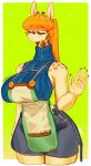 2026 5_fingers anthro apron big_breasts black_bottomwear black_clothing black_skirt blue_clothing blue_sweater blue_topwear border bottomwear bouncing_breasts breasts brown_spots cat_pepper clothing eyebrow_through_hair eyebrows eyes_closed female female_anthro fingernails fingers front_view giraffe giraffid green_background hair hi_res horn huge_breasts huge_hips huge_thighs japanese_description mammal markings memura_(cat_pepper) motion_lines mouth_closed nails orange_hair ossicone pointy_ears ponytail portrait prick_ears signature simple_background skirt sleeveless_sweater solo spots spotted_body sweater tan_body thick_thighs three-quarter_portrait three-quarter_view topwear translucent translucent_hair turtleneck white_border wide_hips