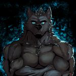  2014 abstract_background anthro biceps big_muscles black_body black_fur black_nose blue_eyes bust_portrait canine chest_tuft crossed_arms digital_media_(artwork) epic_soul front_view fur looking_at_viewer male mammal muscles nipples nude pecs portrait pose solo toned tuft wolf 