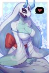 2026 2_horns 3_fingers artist_name asian_clothing blue_eyes breasts cleavage clothed clothed_female clothed_humanoid clothing digital_media_(artwork) east_asian_clothing evomanaphy eyelashes female female_humanoid fingers generation_9_pokemon heart_symbol hi_res horn humanoid japanese_clothing kimono looking_at_viewer mega_evolution mega_froslass nintendo pokemon pokemon_(species) solo text yellow_sclera