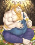 absurd_res anthro asgore_dreemurr barazoku beard belly biceps blonde_hair blue_eyes body_hair bovid caprine chest_hair clothing deltoids eyebrows facial_hair fur goat hair hi_res horn male mammal mature_male musclegut muscular muscular_male mustache nipples overalls solo suspenders undertale_(series) white_body white_fur zeed_bullwolf