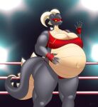2026 anthro belly big_belly big_breasts big_butt bottomwear breasts butt clothing digital_media_(artwork) dragon female fighting_ring fingerless_gloves gloves grey_body grey_scales hand_on_belly handwear hi_res horn huge_breasts ic-icle if_hell_had_a_taste mars_fidchell mask musclegut muscular muscular_anthro muscular_female mythological_creature mythological_scalie mythology navel overweight overweight_anthro red_eyes scales scalie solo thick_thighs topwear ventral_scales yellow_body yellow_scales yellow_sclera