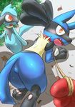  all_fours amber_eyes ambiguous_gender blush butt canine collar featureless_crotch fur kurou-karasu leash looking_at_viewer lucario mammal nintendo paws pok&eacute;mon red_eyes riolu rope video_games walking 