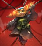 2026 absurd_res anthro asphyxiation blood blood_in_mouth bodily_fluids boots choking clenched_teeth clothing eyebrows footwear gas_mask gloves green_eyes handwear headgear headwear hi_res hoodypisded lombax looking_at_viewer male mammal mask ratchet_(ratchet_and_clank) ratchet_and_clank shoes solo sony_corporation sony_interactive_entertainment teeth