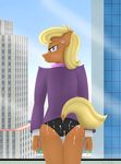  2014 anthro anthrofied blonde_hair blue_eyes building butt city clothing cum cum_on_butt cum_on_panties ear_piercing equine female formal_gentleman friendship_is_magic glass hair horse mammal ms_harshwhinny_(mlp) my_little_pony panties piercing pony pussy scarf solo suit tree underwear window 