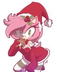  2014 amy_rose anthro breasts christmas christmas_hat clothed clothing cookie female fur green_eyes hair hat hedgehog hi_res holidays legwear looking_at_viewer mammal nancher nom pink_fur pink_hair plain_background sega solo sonic_(series) white_background 