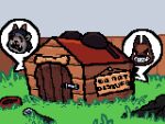 4:3 animated anthro anthro_on_feral belt bestiality bone bounce bowl bra canid canine clothing container distressed doghouse dominant dominant_feral dominant_male duo felid feline female fence feral forced grass grin hi_res horn kayette langui male male/female mammal plant rape sex sign smile speech_bubble underwear