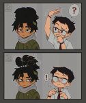 2025 2_panel_comic 5_fingers a_happy_jake accessory ambiguous_feral ambiguous_gender artist_logo avian bangs beak beak_closed bent_arm bird black_beak black_body black_border black_eyebrows black_eyewear black_feathers black_glasses black_hair black_necktie bodily_fluids border bracelet closed_frown clothing colored comic confusion corvid corvus_(genus) crow dead_by_daylight digital_drawing_(artwork) digital_media_(artwork) dirty dot_eyes dwight_fairfield exclamation_point eyebrows eyewear feathers feral fingers frown frowning_at_another glasses green_clothing green_jacket green_topwear grey_background grey_scarf group hair height_comparison hi_res human jacket jake_park jewelry larger_human larger_male leaf logo looking_at_another male male_human mammal motion_lines mouth_closed multicolored_necktie necktie nervous nervous_sweat noseless oscine passerine pattern_necktie question_mark red_bracelet red_eyes red_stripes scarf shaded short_hair simple_background simple_eyes sitting sitting_on_another size_difference smaller_ambiguous smaller_feral speech_bubble standing_on_another striped_necktie stripes surprised sweat tan_body tan_skin thin_eyebrows thinking topwear two_tone_necktie white_dress_shirt white_eyes