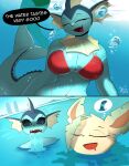 absurd_res anthro arzy_parzy bikini black_sclera bodily_fluids breasts clothing comic dialogue disgust duo eeveelution english_text fangs female generation_1_pokemon generation_4_pokemon genital_fluids hi_res humanoid leaf leafeon navel nintendo peeing peeing_in_water pokemon pokemon_(species) pupils red_bikini red_clothing red_swimwear relieved shocked speech_bubble spitting spitting_out swimming swimwear teeth text two-piece_swimsuit two_panel_image underwater urine vaporeon water white_eyes white_pupils