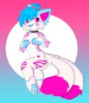 2023 2_tails ahoge anthro appliei blue_hair blue_pawpads canid canine cheek_tuft claws collar collar_only colored digital_drawing_(artwork) digital_media_(artwork) dipstick_tail facial_tuft fox fur hair heart_(marking) hi_res inner_ear_fluff male mammal markings midair multi_tail nude oliver_prince open_mouth open_smile pawpads paws pink_claws pink_eyes pink_markings pupils shaded short_hair slit_pupils smile solo striped_markings stripes tail tail_markings teeth tuft white_body white_fur