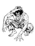 alligator alligatorid black_and_white bone claws clothing crocodilian crouching deadlock_(game) drifter_(deadlock) feet hair hi_res humanoid male monochrome overalls postto reptile scalie shirtless skull solo teeth tooth_necklace traditional_media_(artwork) valve vampire