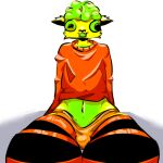 1:1 2026 anthro black_clothing black_legwear black_thigh_highs bulge cheek_tuft clothing cropped_sweater cube_(geometry_dash) digital_media_(artwork) ear_tuft exposed_brain facial_tuft fangs femboy front_view fur geometry_dash green_body green_eyes green_fur green_tongue hands_behind_back johnporks_leftball legwear lime_fur low_res male navel open_mouth orange_clothing orange_legwear orange_thigh_highs orange_thong orange_underwear pattern_clothing pattern_legwear pattern_thigh_highs riot48572 robtopgames shadow simple_background sitting solo square_head striped_clothing striped_legwear striped_thigh_highs stripes sweater teeth thigh_highs thong tongue topwear tuft underwear white_background wide_hips yellow_body yellow_fur
