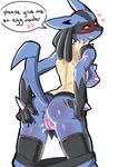  2014 anthro anus blue_fur blush breasts canine english_text female fur in_heat looking_at_viewer lucario mammal nintendo nipples nude open_mouth plain_background pok&eacute;mon pussy red_eyes solo spikes spread_legs spreading teeth text video_games white_background 