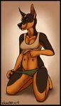  2014 anthro black_fur breasts brown_eyes canine clothing doberman dog ekbellatrix female foxjump fur jenette kneeling looking_at_viewer mammal midriff multi_nipple navel nipples panties pinup plain_background pose shirt tan_fur tank_top underwear undressing whiskers 