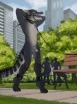 anthro balls bench chastity_cage chastity_device city collar crocodile crocodilian cuffed_ankles detailed_background gag gagged genitals grass group hands_behind_head hi_res humiliation humiliation_fetish junkieboi kauros_iellian leash leashed_collar light male male_anthro open_mouth open_mouth_gag park park_bench penis plant public public_humiliation public_nudity reptile ring_gag scalie solo_focus submissive submissive_anthro submissive_male sunlight tree trio walkies walking wearing_chastity_cage wearing_chastity_device