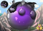 2026 air_inflation artist_logo belly_blush black_body black_fur blaueseele blush blushing_profusely body_blush close-up close_to_bursting creaking dated dragon evergreen_tree fur hi_res horn hose hose_in_butt hose_inflation hyper hyper_inflation inflation logo magic_inflation motion_lines mountain mythological_creature mythological_scalie mythology onomatopoeia plant scalie sound_effects sunken_head sunken_limbs text tree water