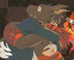 3_claws abstract_background arms_around_back bandage bandage_on_face bandage_on_nose bandaged_hand bandai_namco belly belt belt_accessory belt_buckle black_body black_hair blackguilmon blood blue_clothing blue_jacket blue_topwear bodily_fluids buckle claws clothing digimon digimon_(species) duo eyes_closed fakemon fire flaming_tail frown guil87645127 guilmon hair head_wings hi_res hug human jacket kerchief male male/male mammal markings neckerchief neckwear open_mouth red_kerchief red_markings red_neckerchief tail tears teeth teeth_showing tongue topwear unusual_wing_placement white_belly white_claws white_eyes wide_eyed wings yellow_eyes
