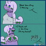 1:1 antennae_(anatomy) bra_strap_showing_(meme) breast_grab breasts choker clothed clothing clothing_lift comic dialogue english_text eye_bags generation_6_pokemon goodra green_eyes hand_on_breast heart_symbol horn jewelry meme necklace nintendo open_mouth pokemon pokemon_(species) purple_body shirt shirt_lift snaggle_tooth tail text tired topwear velvet706 velvet_the_gooey_dragon watermark