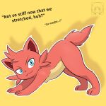 1:1 :3 all_fours anthro black_nose blue_eyes breasts cattiva cheek_tuft dedazzdizzy dialogue facial_tuft fangs female hi_res looking_at_viewer pal_(species) palworld pink_body pocketpair simple_background small_breasts solo stretching tail teeth text tuft yellow_background