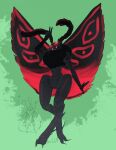 alvin_(helboy15) ambiguous_gender antennae_(anatomy) anthro arthropod ashton_sanchez biped black_body black_exoskeleton black_wings empty_eyes exoskeleton fangs full-length_portrait gesture glowing glowing_eyes hand_gesture hi_res insect insect_wings lepidopteran lepidopteran_wings male_(lore) moth portrait raised_hand red_eyes red_wings signature solo teeth v_sign wings