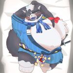 1:1 anthro asian_clothing belly black_body black_fur blush clothing dakimakura domestic_cat east_asian_clothing eye_patch eyewear felid feline felis footwear fur japanese_clothing katana kihiro_ya03 kimono lying male mammal matatabi_maguro melee_weapon on_back overweight samurai scar smile socks solo sword tabi_socks vtuber warrior weapon yellow_eyes