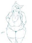  2014 anthro big_breasts breasts canine ceres_(jindragowolf) chubby cleavage clothed clothing female hanging_breasts heterochromia huge_breasts jindragowolf mammal monochrome navel nipple_bulge solo thick_thighs voluptuous wide_hips wolf 