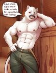 2026 abs albino anthro arm_tuft armpit_hair artist_logo belly_tuft body_hair bottomwear clothed clothed_anthro clothed_male clothing cougar dated dialogue echo_(series) echo_project elbow_tuft english_text fangs felid feline fur grey_nose head_tuft hi_res inner_ear_fluff logo male mammal muscular muscular_anthro muscular_male navel nipples pants pink_nose profanity red_eyes samuel_ayers solo speech_bubble suspenders tail teeth text the_smoke_room topless topless_anthro topless_male tuft ventkazemaru watermark whisker_spots whiskers white_body white_fur