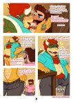 absurd_res after_kiss anthro bodily_fluids bowser butt butt_focus clothed clothing comic cum cum_dripping_from_penis cum_on_penis dialogue dropsofmoonlight duo english_text genital_fluids genitals hairy hi_res human humanoid koopa male male/male mammal mario mario_bros nintendo partial_nudity partially_clothed penis pulling_pants_up scalie stretching sweat text