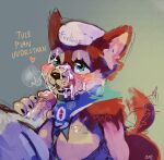 anthro blowjob_face bodily_fluids canid canine canis clothing company_name cum domestic_dog fellatio finnish_text fur genital_fluids genitals hi_res humanoid_genitalia humanoid_penis husky licking_cum mammal mascot nordic_sled_dog oral penile penis red_body red_fur sailor_collar sailor_uniform sex siberian_husky spitz stella_(finnlines) text uniform zanthu