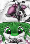 absurd_res animal_genitalia anthro avali blue_eyes claws comic duo ears_down extreme_size_difference feathers fluffy fur genitals green_body green_eyes grin handpaw happy hi_res looking_down lying male micro multicolored_body on_back pawpads paws petting pivoted_ears predator/prey rubbing scared scritches sekvil_(sekvil) sheath size_difference smile the_nature_of_predators tuft venlil_(the_nature_of_predators) wool_(fur) yubirb
