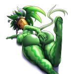1:1 anus armwear big_breasts big_butt black_eyes blaster_master blush blush_stickers breasts butt clothing clothing_aside elemental_creature elemental_humanoid eyewear eyewear_on_head feet female flora_fauna footwear forked_tail genitals goggles goggles_on_head green_body green_clothing green_tail hi_res humanoid kanna_(blaster_master) keramagath leaf leaf_hair legwear looking_at_viewer looking_back looking_back_at_viewer pattern_armwear pattern_clothing pattern_legwear plant plant_hair plant_humanoid pseudo_hair raised_foot sandals shoes simple_background smile solo tail tailed_humanoid unusual_anatomy unusual_tail vulva watermelon_pattern white_background