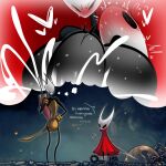 1:1 abdominal_bulge antennae_(anatomy) anthro arthropod bashful belly big_breasts blush bodily_fluids brass breasts cloak clothing cum cum_inside dialogue dress duo ejaculation english_text eyebrows female genital_fluids heart_symbol hi_res hollow_knight:_silksong hollow_knight_(franchise) hornet_(hollow_knight) huge_breasts inktober_2025 insect intersex intersex/female map melee_weapon paper red_clothing red_dress ring sex shakra_(hollow_knight:_silksong) sillyseacreatur sweat sweatdrop sword tail team_cherry text thought_bubble twitching weapon white_text