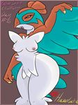  2014 anthro avian bird breasts brown_background english_text feathers female hawk hawlucha looking_at_viewer mammal nintendo nipples nude open_mouth owyisensei plain_background pok&eacute;mon solo teeth text tongue video_games wings yellow_eyes 