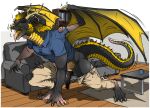 animal_genitalia animal_penis antlers black_body black_scales bottomwear canine_genitalia canine_penis claws clothing collared_shirt dragon erection fangs feral furniture genitals hi_res horn human_to_feral kaeku knot knotted_penis male membrane_(anatomy) membranous_wings mid_transformation mythological_creature mythological_scalie mythology pants penis polo_shirt scales scalie shirt sofa solo species_transformation tail teeth toe_claws tongue tongue_out topwear torn_bottomwear torn_clothing torn_pants transformation ventral_scales wings yellow_body yellow_scales